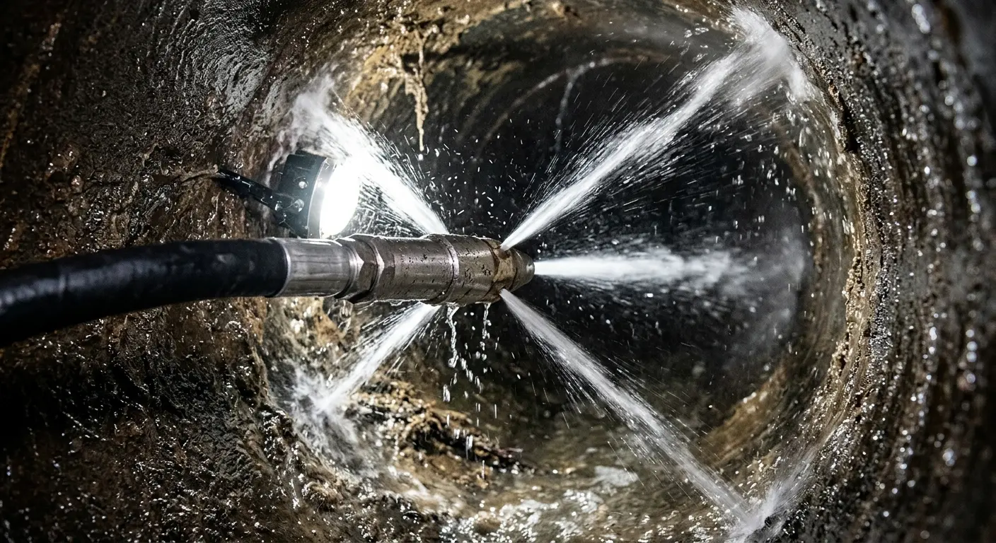 High-pressure hydro jetting nozzle cleaning sewer pipe for Sewer Cleanout in Ada