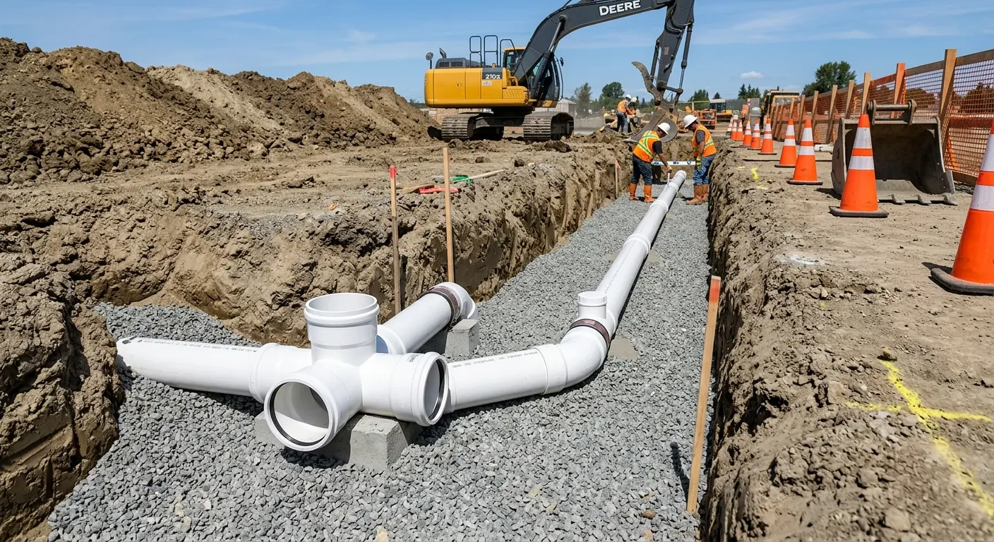 New PVC sewer pipe installation in open trench for Sewer Backup in Ada