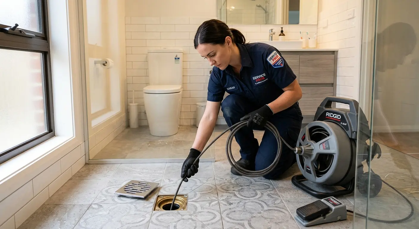 Technician clearing a bathroom floor drain for Sewer Line Replacement in Ada